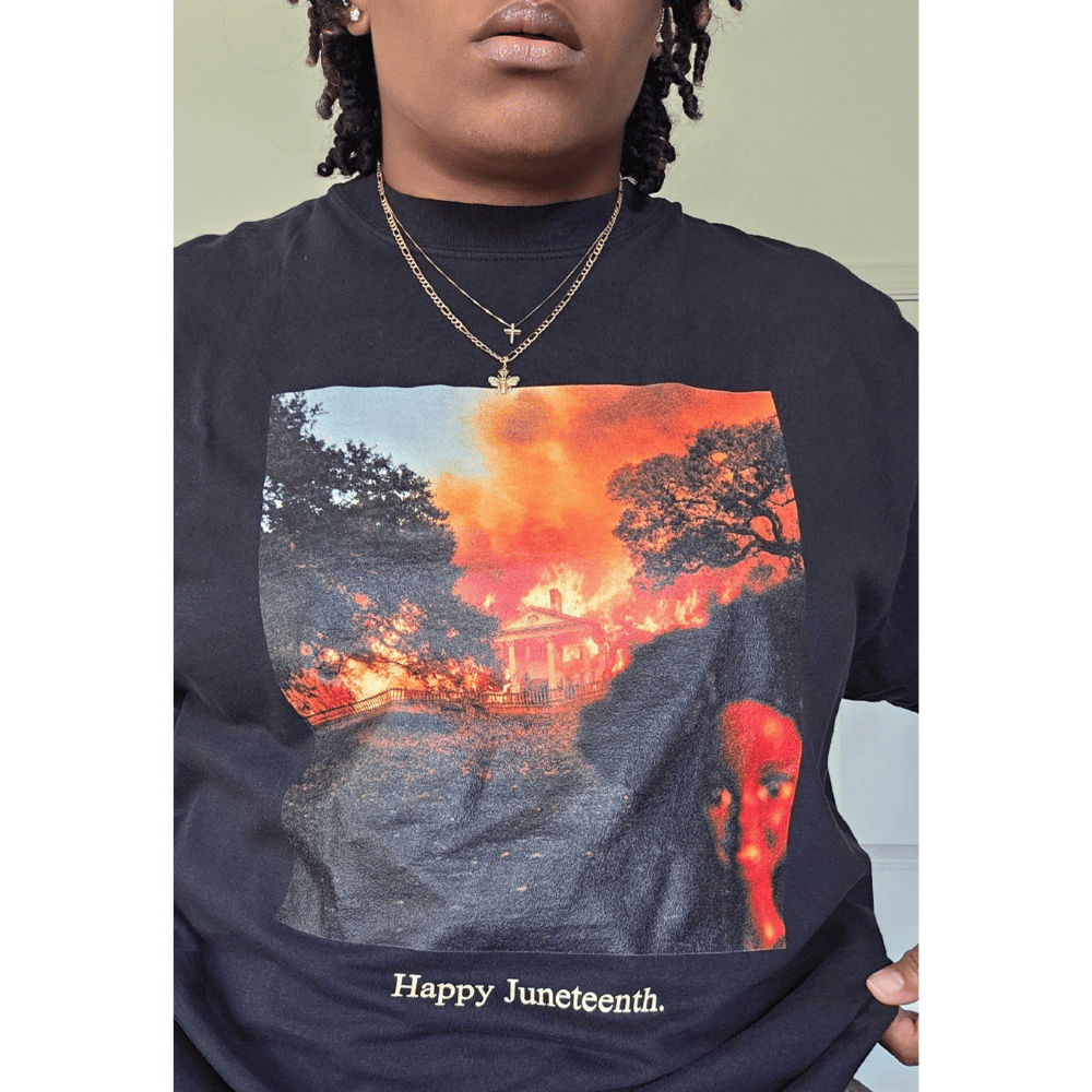 Black woman in Juneteenth graphic tee